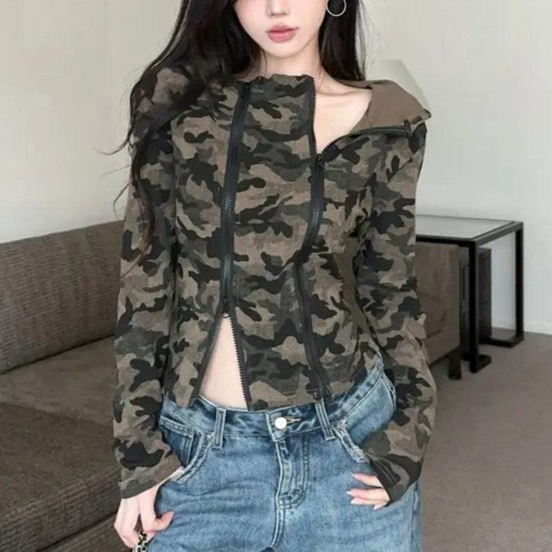 Women'S Fashion Zip Up Hoodies - Hoodie Ritsleting Kamuflase Wanita Dipotong Cocok