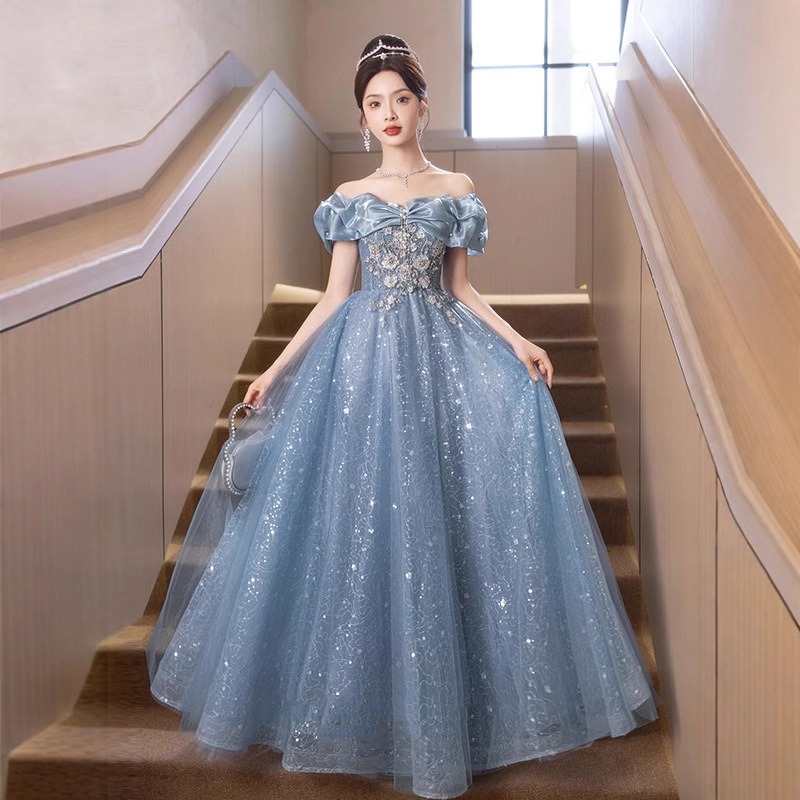 Women'S Fashion Middle Ages - Gaun Malam Biru Bordir Satu Bahu