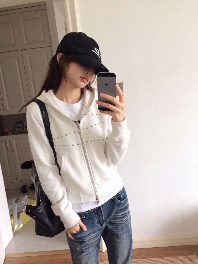 Women'S Fashion Zip Up Hoodies - Jaket Hoodie Wanita Y2K Berhias Rivet