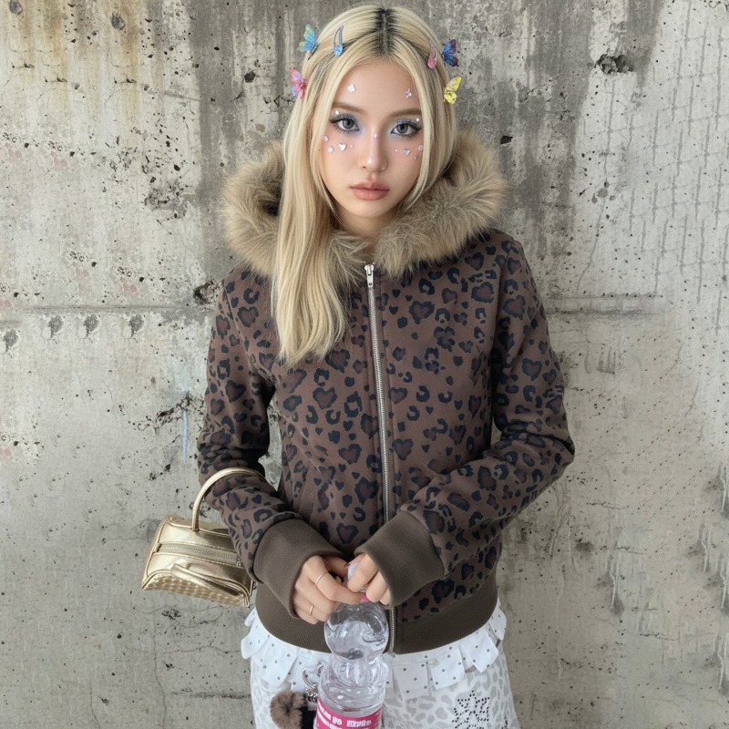 Women'S Fashion Zip Up Hoodies - Kardigan Mantel Berkerah Bulu Motif Leopard