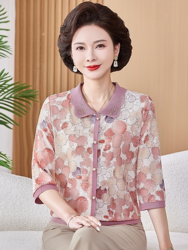 Women Fashion Over 60 - Kaos Rajut Pendek Motif Elastis Bahan