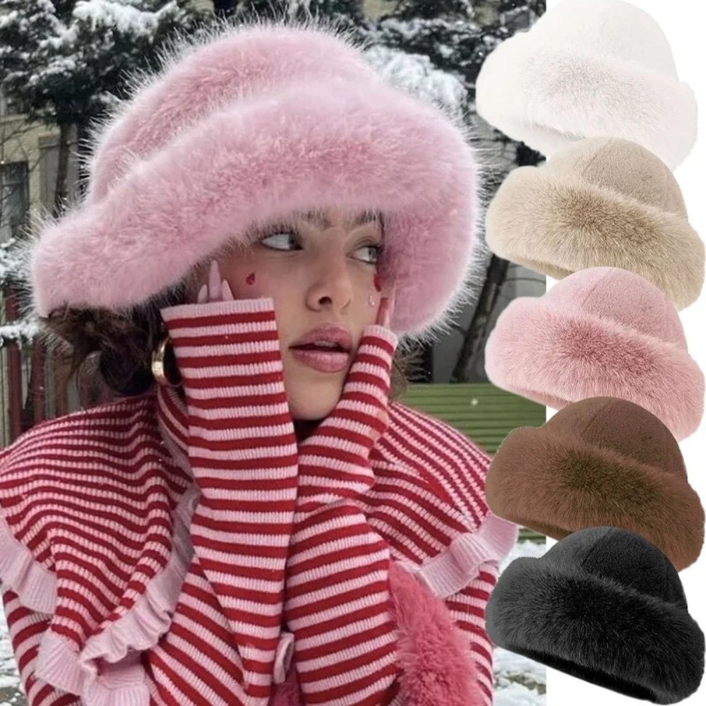 Bucket Hat Women - Topi Musim Dingin Berbulu Tebal Warna