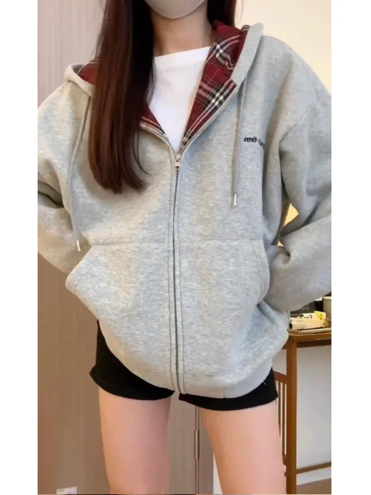 Women'S Fashion Zip Up Hoodies - Harajuku 90s estetika merah kotak-kotak hoodie