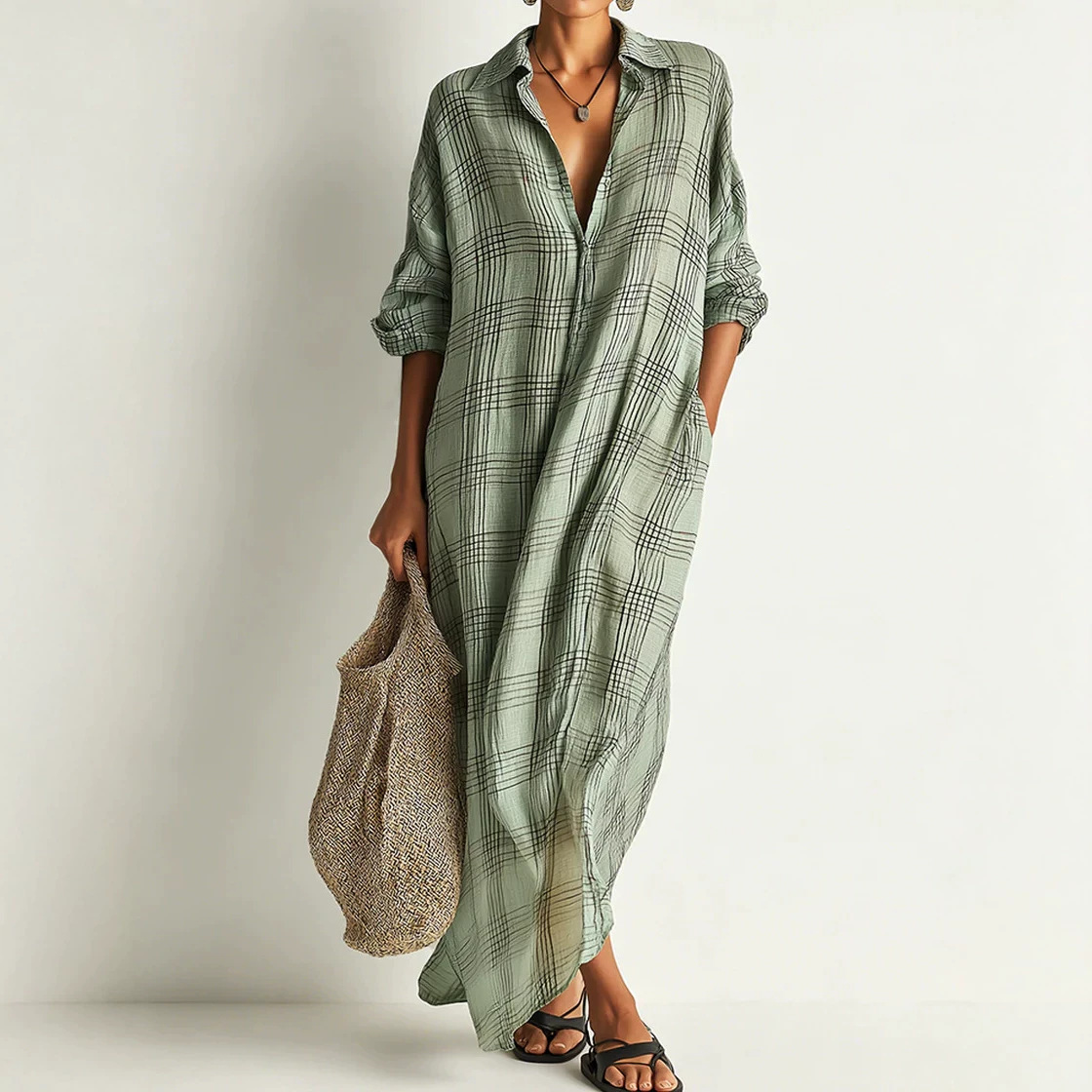Maxi Dress Boho - Gaun Midi Katun Linen Bermotif Bunga,