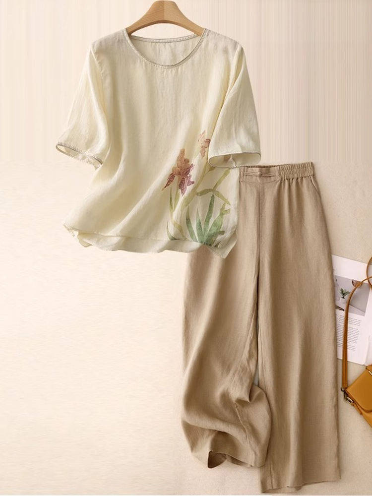 Women Fashion Over 60 - Setelan Dua Potong Linen Katun Kasual