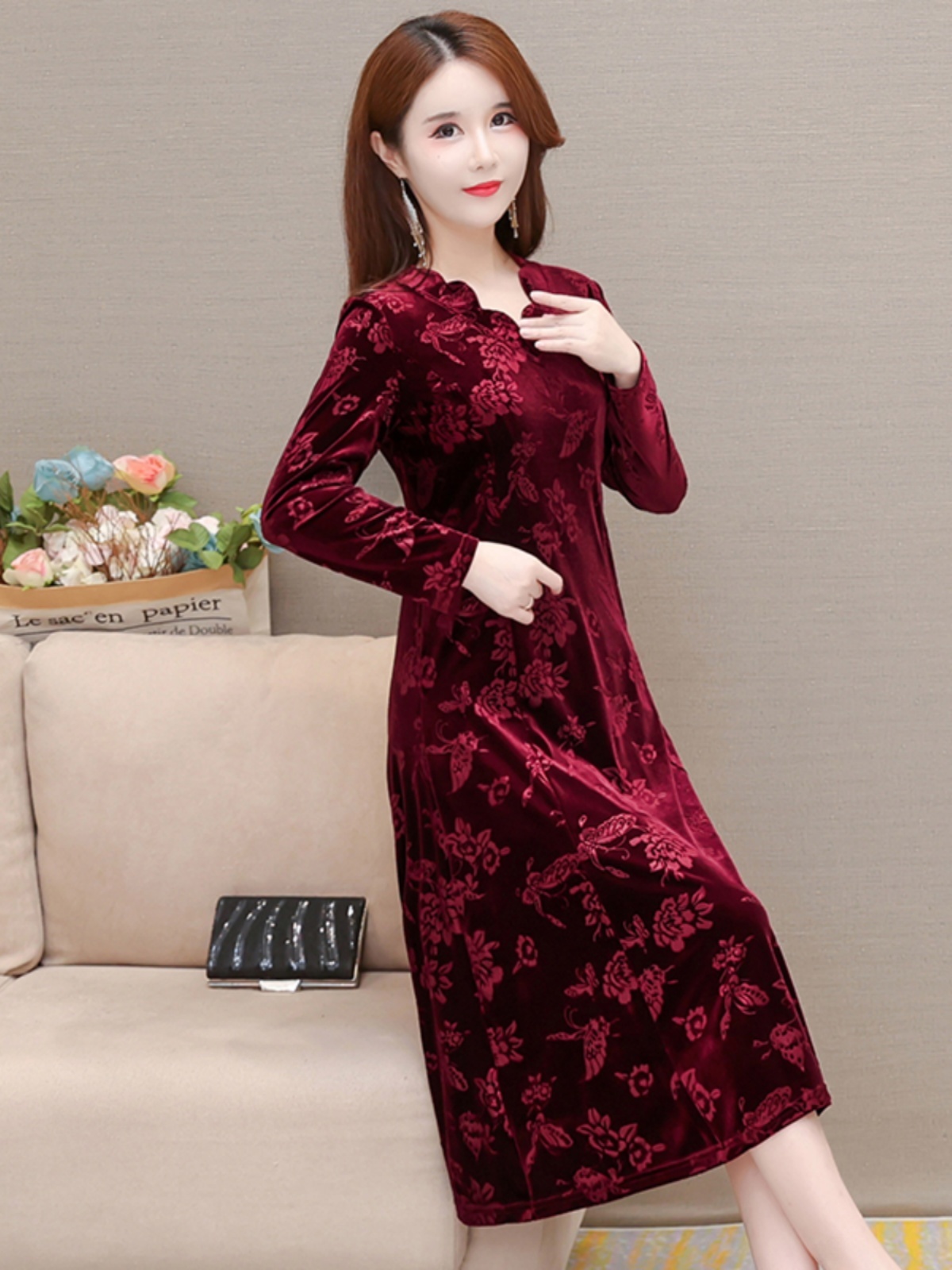 Gaun Beludru Elegan V-Neck Rok - Women Fashion Over 60 ulasan dan harga