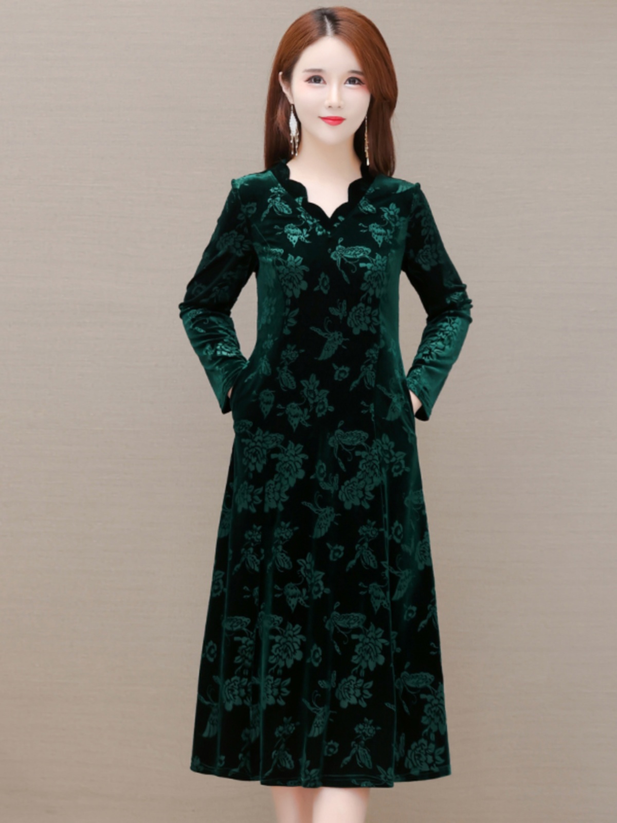 Gaun Beludru Elegan V-Neck Rok - Women Fashion Over 60 ulasan dan harga