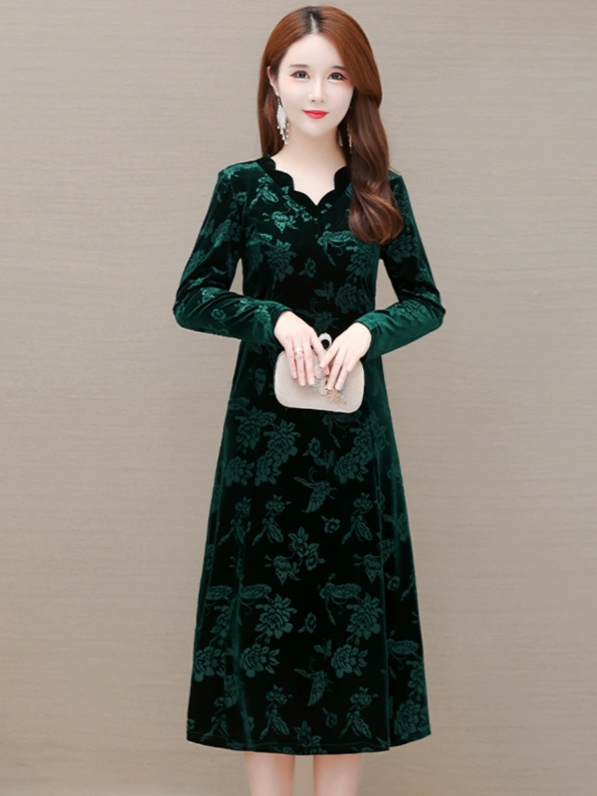 Gaun Beludru Elegan V-Neck Rok - Women Fashion Over 60 ulasan dan harga