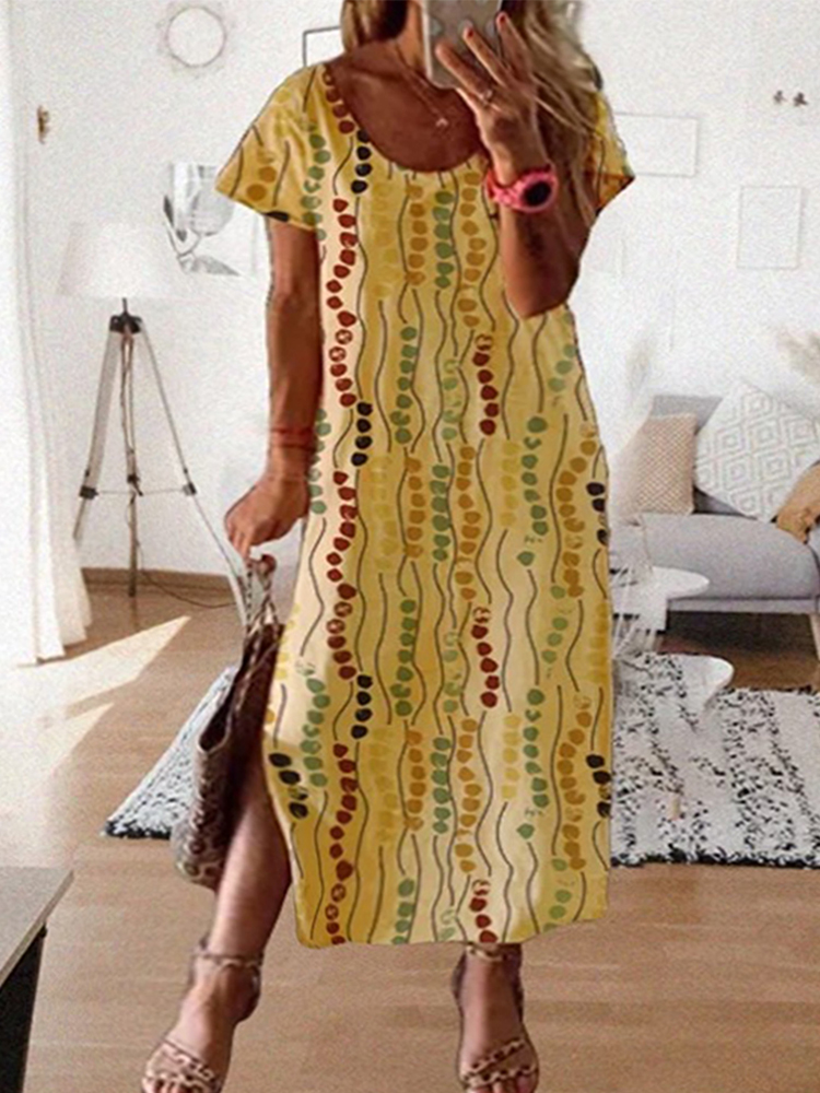 Gaun Midi Bermotif Kuning Ukur - Maxi Dress Boho ulasan dan harga